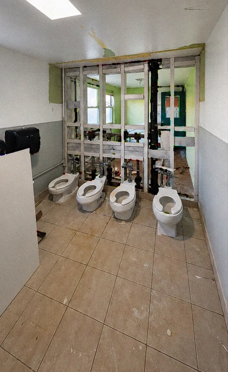 Commercial restroom, occupied building before remodel — YKCA Bay Area