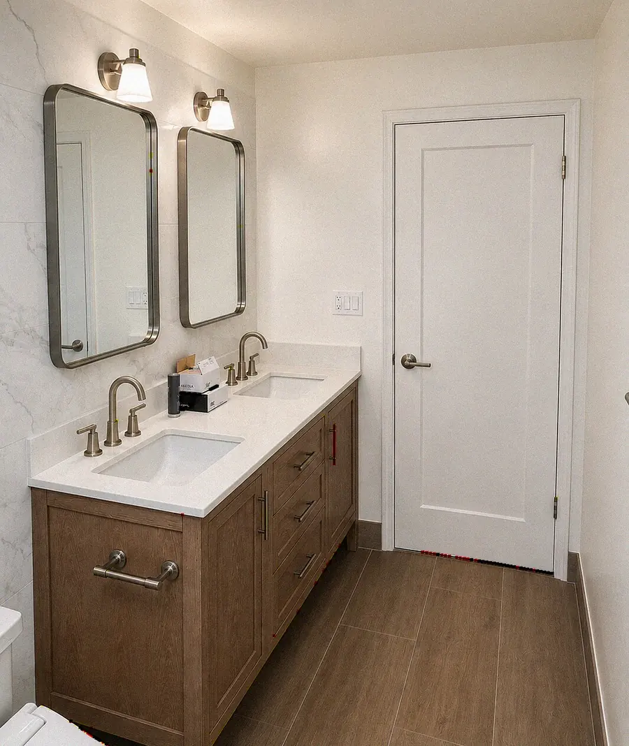 Double vanity with twin mirrors and plank flooring — YKCA Bay Area remodel