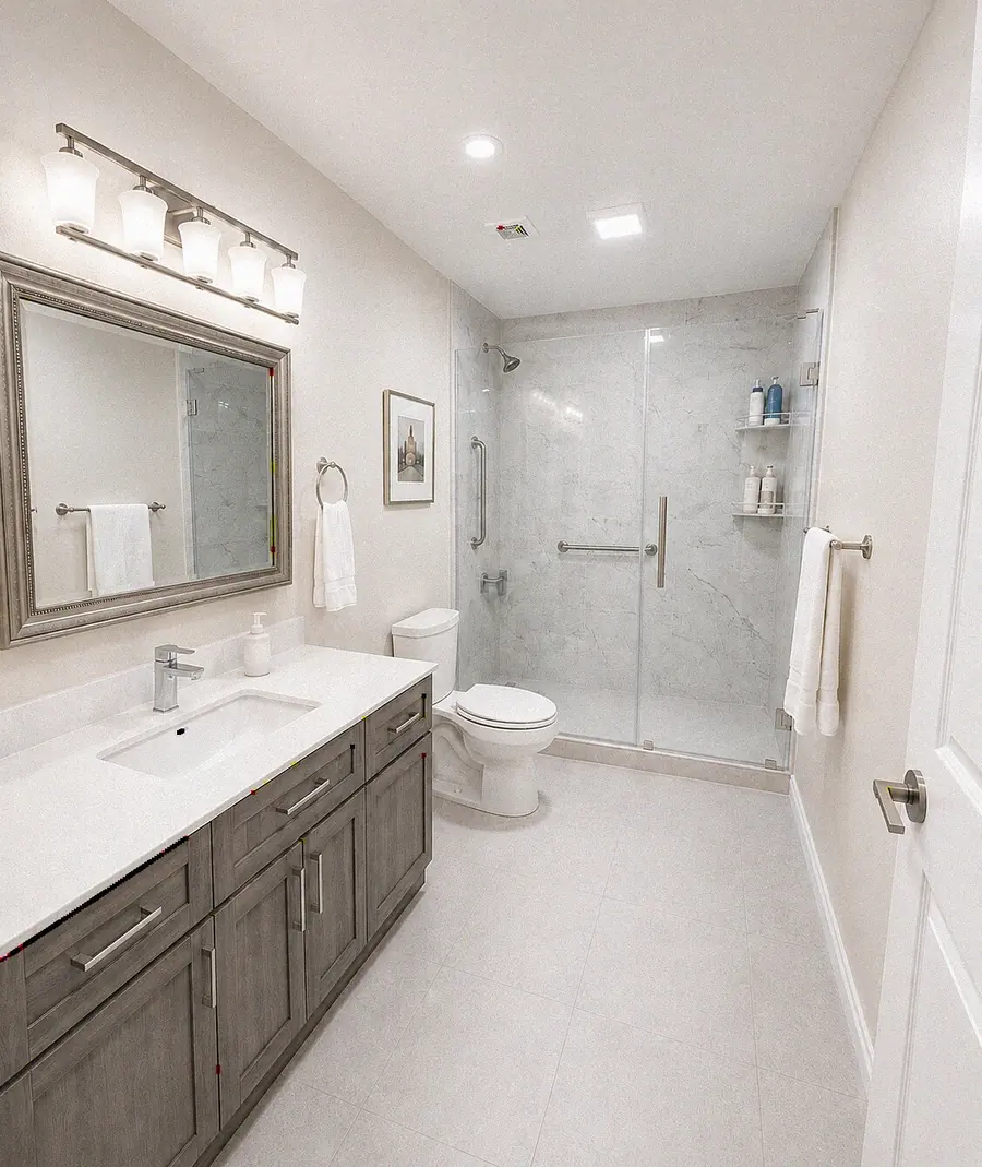 Guest bathroom with walk-in shower and framed mirror — YKCA Bay Area remodel