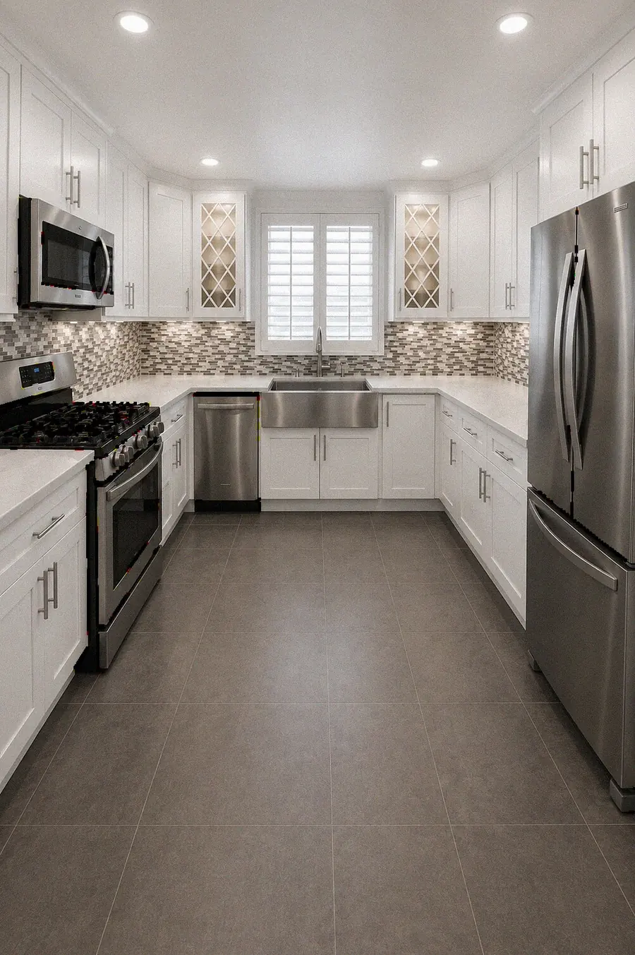 White shaker kitchen with mosaic backsplash — YKCA Bay Area remodel
